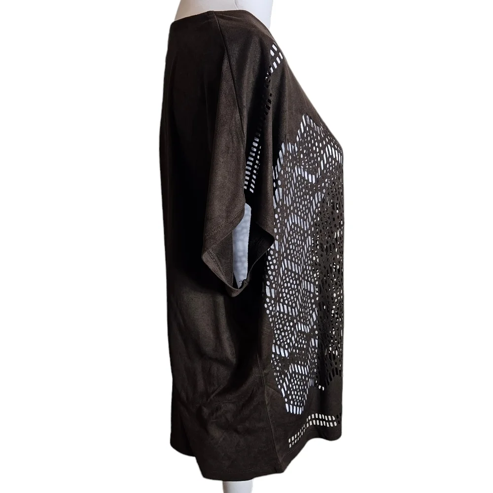 Chicos Chocolate Brown Ultra Suede Coquette Top Size 2 US 12 Large Sheer Blouse - Picture 4 of 12